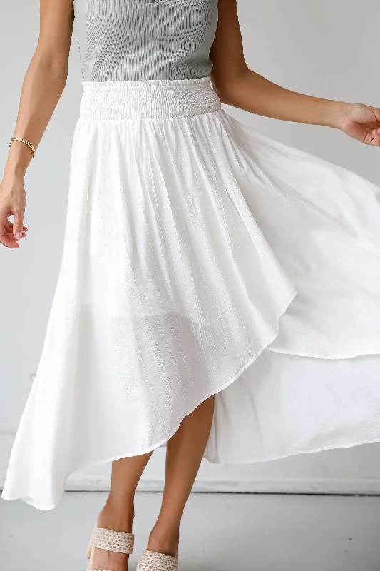 Women's Fitted Off-shoulder Midi Dress-FINAL SALE - Dreamy Crush White Satin Midi Skirt