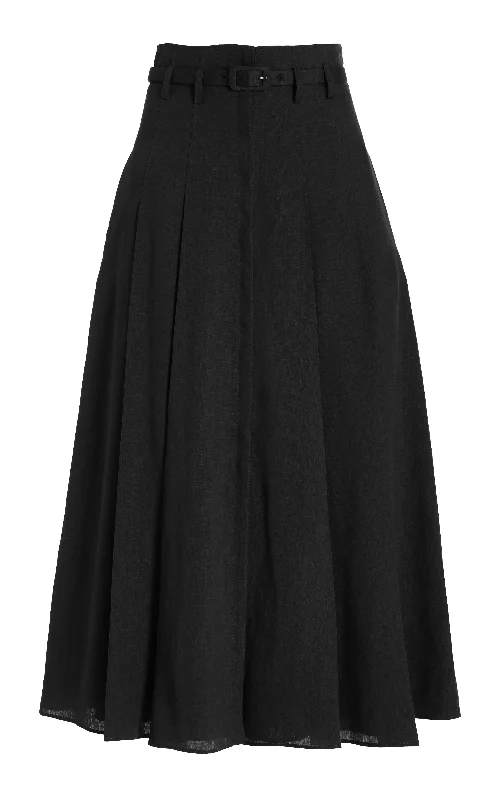 Women's High-neck Mesh Midi Dress-Dugald Pleated Midi Skirt in Black Aloe Linen