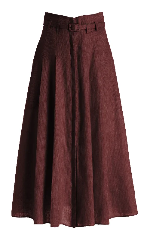 Women's A-line Pleated Midi Dress-Dugald Pleated Midi Skirt in Deep Bordeaux Linen