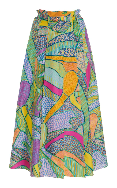 Women's Textured Midi Dress-Dugald Pleated Midi Skirt in Green Multi Printed Silk Twill