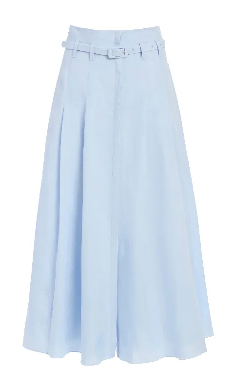 Women's Pockets Midi Dress-Dugald Pleated Midi Skirt in Light Blue Aloe Linen