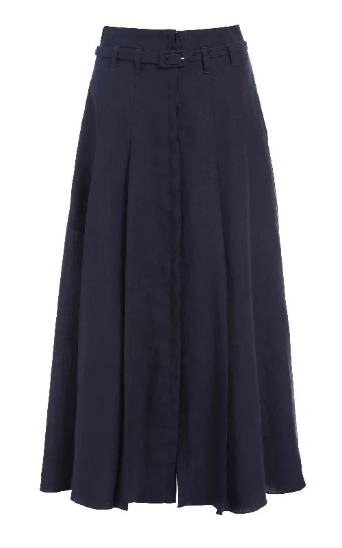 Women's Color-blocked Bodycon Midi Dress-Dugald Pleated Midi Skirt in Navy Aloe Linen Women's Color-blocked Bodycon Midi Dress-Dugald Pleated Midi Skirt in Navy Aloe Linen