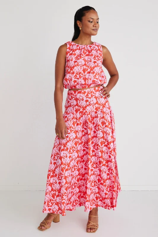 Women's Floral Open-back Maxi Dress-Edgy Floral Shadows Tiered Maxi Skirt