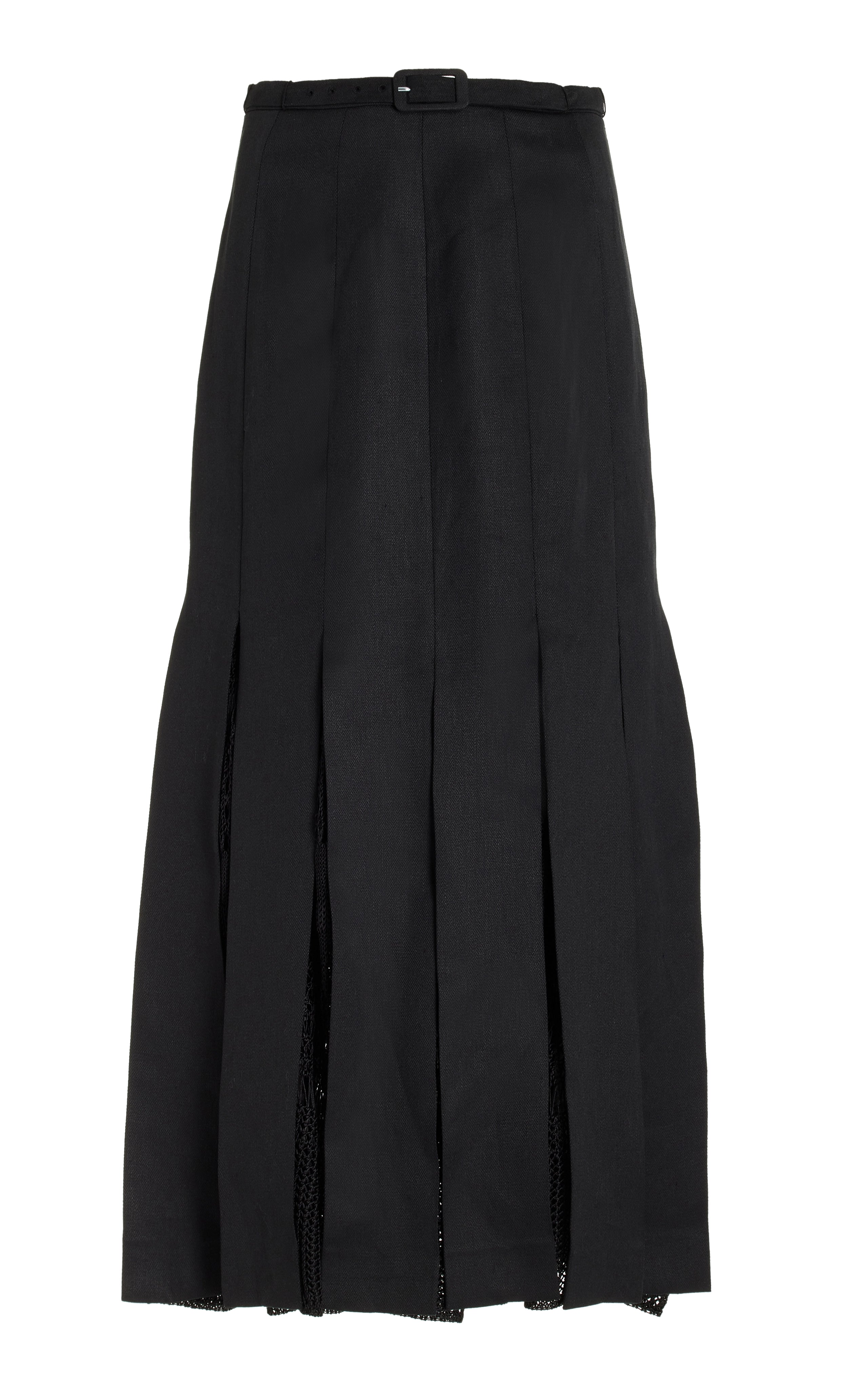 Women's Button Front Midi Dress-Edith Pleated Midi Skirt in Black Textured Linen