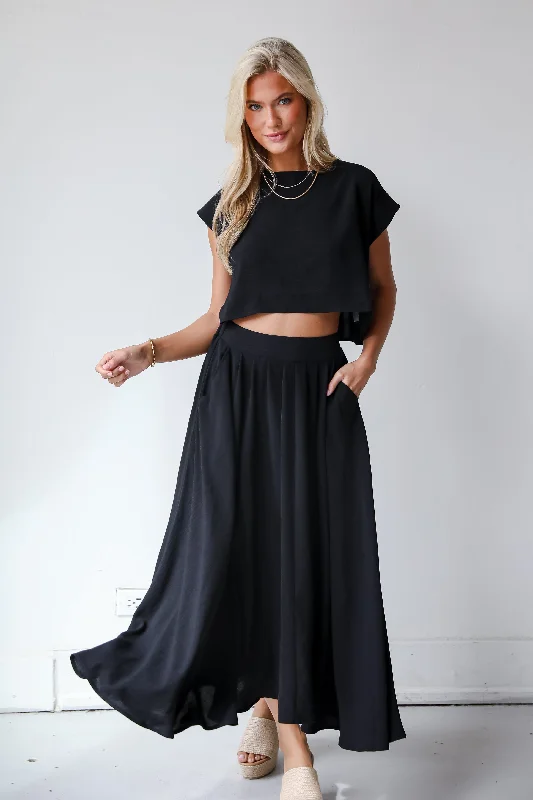 Women's Stretchy Knit Maxi Dress-Effortless Escape Black Maxi Skirt - DU DEAL