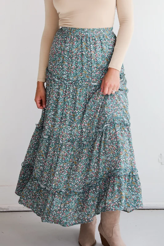 Women's Long Sleeve Wrap Maxi Dress-Feeling So Sweet Teal Floral Tiered Maxi Skirt