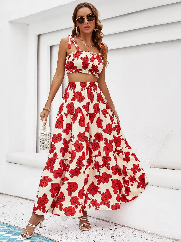 Women's Tie-front Maxi Dress-BerryBetty - Floral Tie Shoulder Top and Tiered Maxi Skirt Set