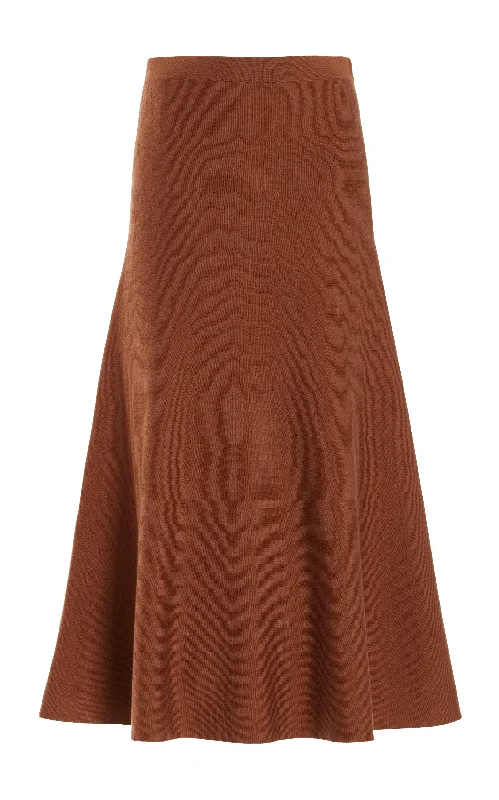 Women's Open Back Midi Dress-Freddie Knit Midi Skirt in Cognac Merino Wool Cashmere Women's Open Back Midi Dress-Freddie Knit Midi Skirt in Cognac Merino Wool Cashmere