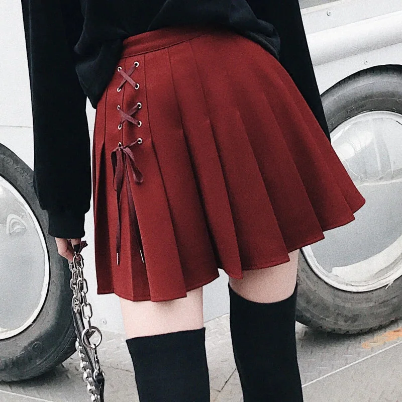 Women's Geometric Mini Dress-KittenAlarm - Front Lace Tie Pleated Mini Skirts