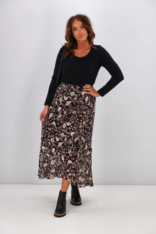 Women's Floral Print Midi Dress with Ruffles-Gloss by Shine On Julia Frilled Midi Skirt Autumn Floral