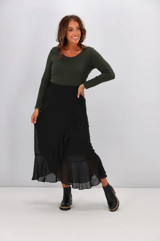Women's Button-up Midi Dress-Gloss by Shine On Julia Frilled Midi Skirt Black