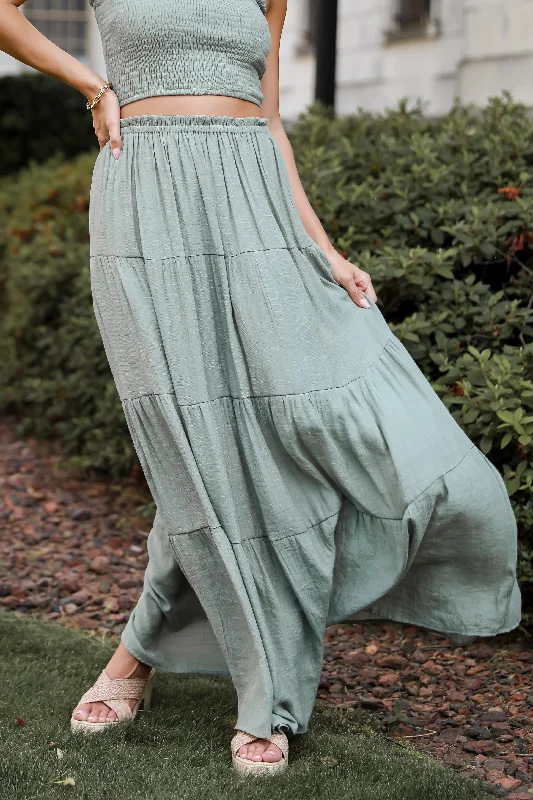 Women's Cutout Maxi Dress-Goddess Vibes Light Olive Tiered Maxi Skirt - DU DEAL