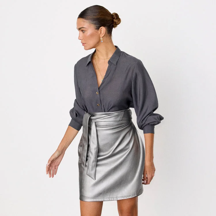 Women's Tie Waist Ruffle Mini Dress-Gunmetal Vegan Leather Mini Jaspre Skirt