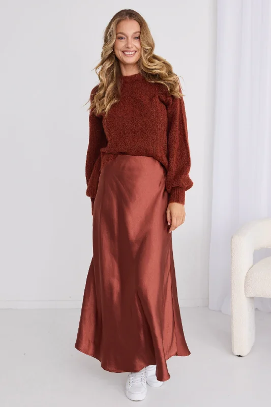 Women's Sheer Sleeve Maxi Dress-Haven Copper Satin Bias Cut Floaty Maxi Skirt