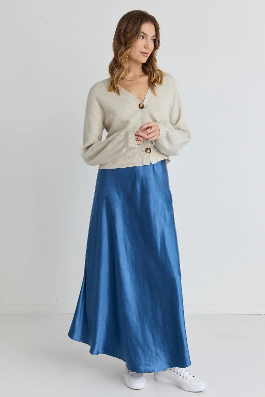 Women's Loose-fitting Maxi Dress-Haven Petrol Satin Floaty Bias Cut Maxi Skirt