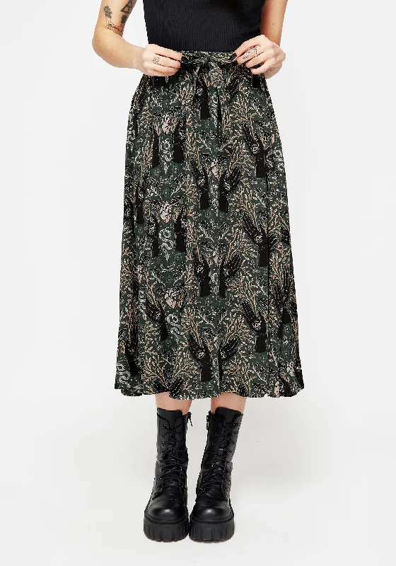 Women's A-line Midi Dress-Hemlock Tie Detail Midi Skirt - Green