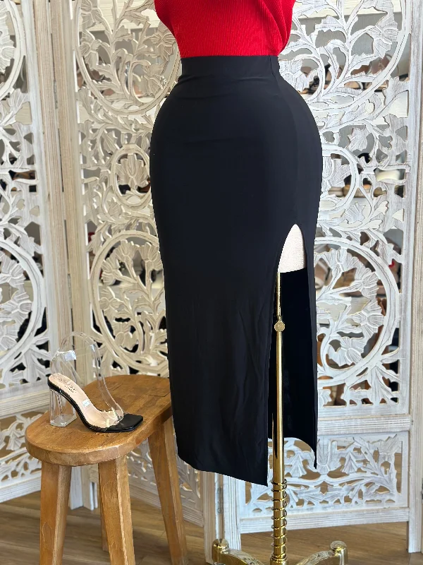 Women's Striped Bodycon Midi Dress-High Slit Black Midi Skirt- Stretchy