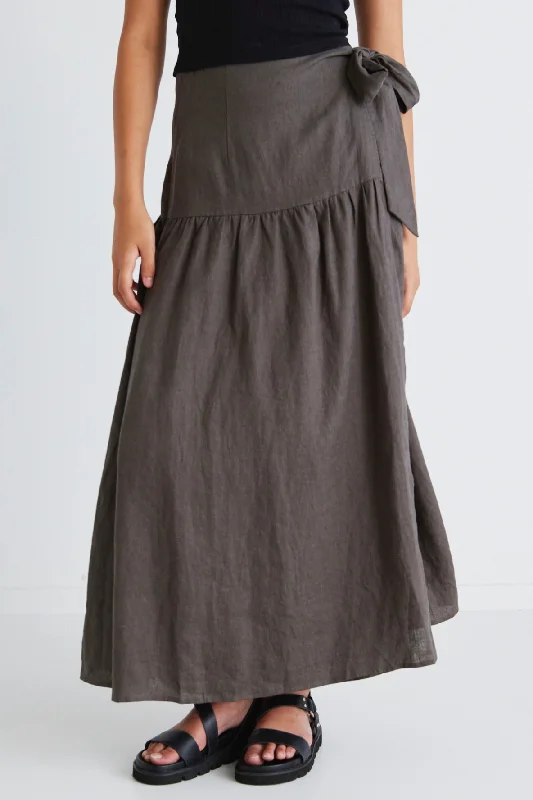 Women's A-line Maxi Dress-Impact Dark Olive Linen Tiered Wrap Maxi Skirt