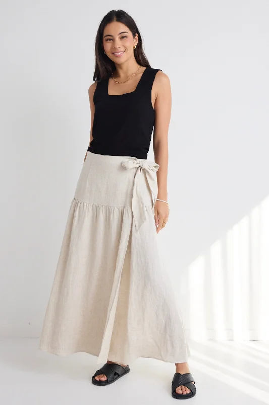 Women's Off-shoulder Long Maxi Dress-Impact Natural Linen Tiered Wrap Maxi Skirt