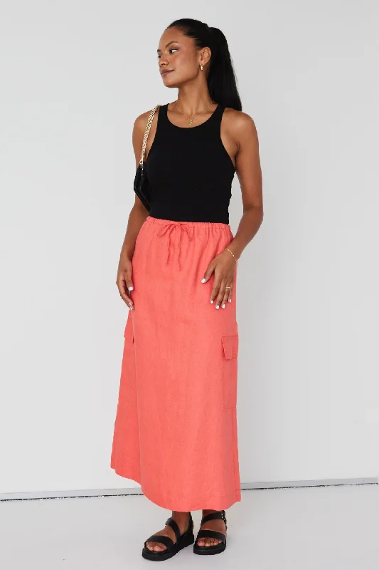 Women's Knit Maxi Dress-Invincible Coral Linen Elastic Waist Front Pocket Maxi Skirt