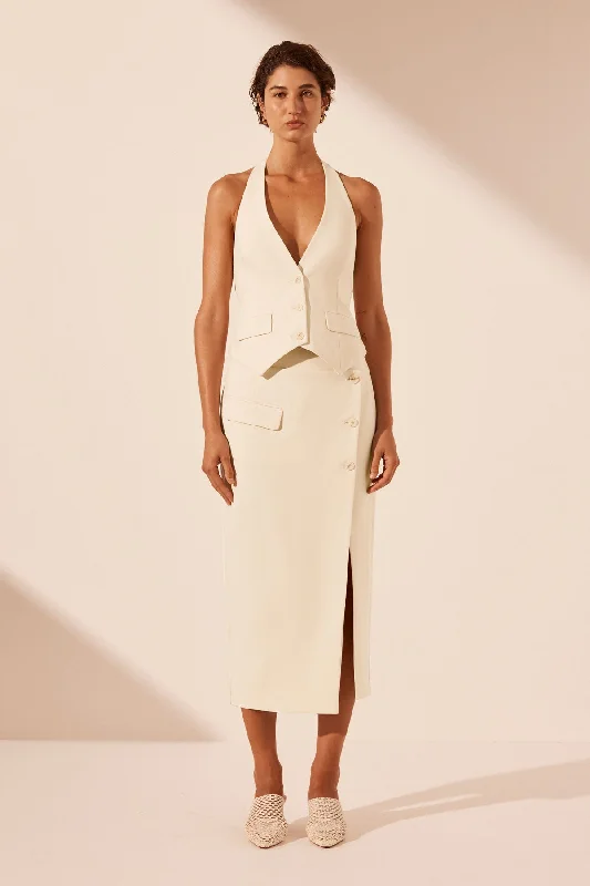 Women's Chiffon Midi Dress-IRENA ASYMMETRICAL SIDE SPLIT MIDI SKIRT - RICE