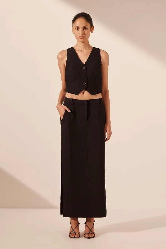 Women's Allover Print Maxi Dress-IRENA SIDE SPLIT MAXI SKIRT - BLACK