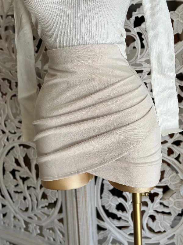 Women's A-Line Mini Dress-Ivory Suede Draped Mini Skirt