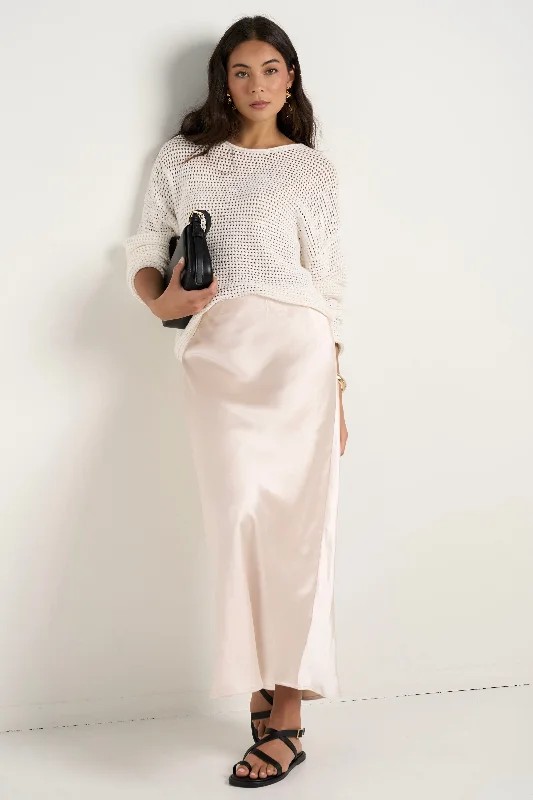 Women's Button Back Midi Dress-Ivy Champagne Satin Bias Midi Skirt