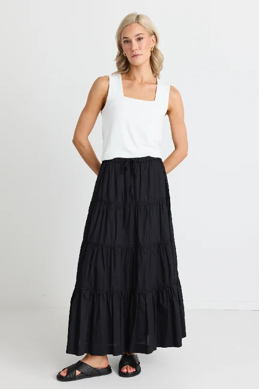 Women's Simple Maxi Dress-Jealous Black Cotton Multi Tiered Maxi Skirt