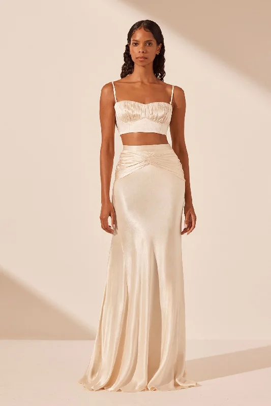 Women's Bohemian Print Maxi Dress-LA LUNE RUCHED MAXI SKIRT - CREAM