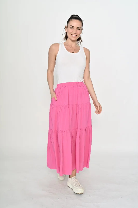 Women's Layered Ruffle Maxi Dress-La Mode Side Pocket Tiered Maxi Skirt Pink