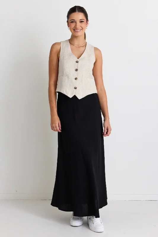 Women's Peplum Maxi Dress-Lagos Black Linen Floaty Bias Cut Maxi Skirt