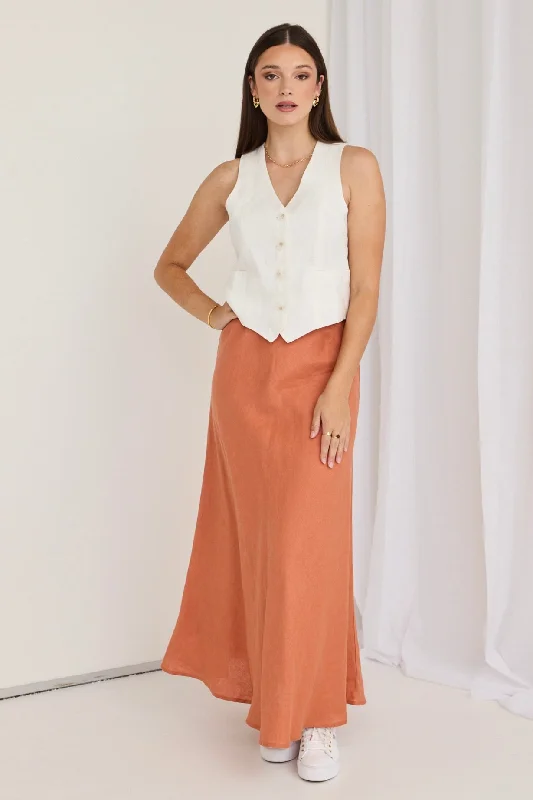 Women's Summer V-neck Maxi Dress-Lagos Terracotta Linen Floaty Bias Cut Maxi Skirt