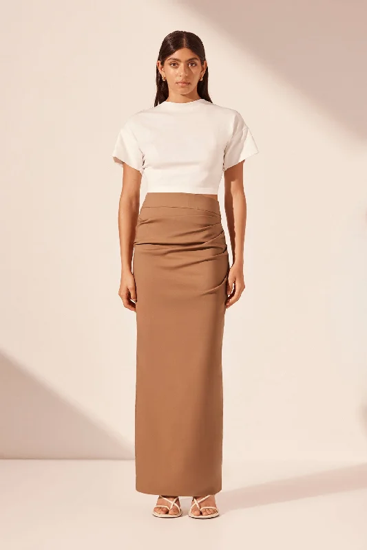 Women's Printed Halter Maxi Dress-LANI DRAPED MAXI SKIRT - CINNAMON