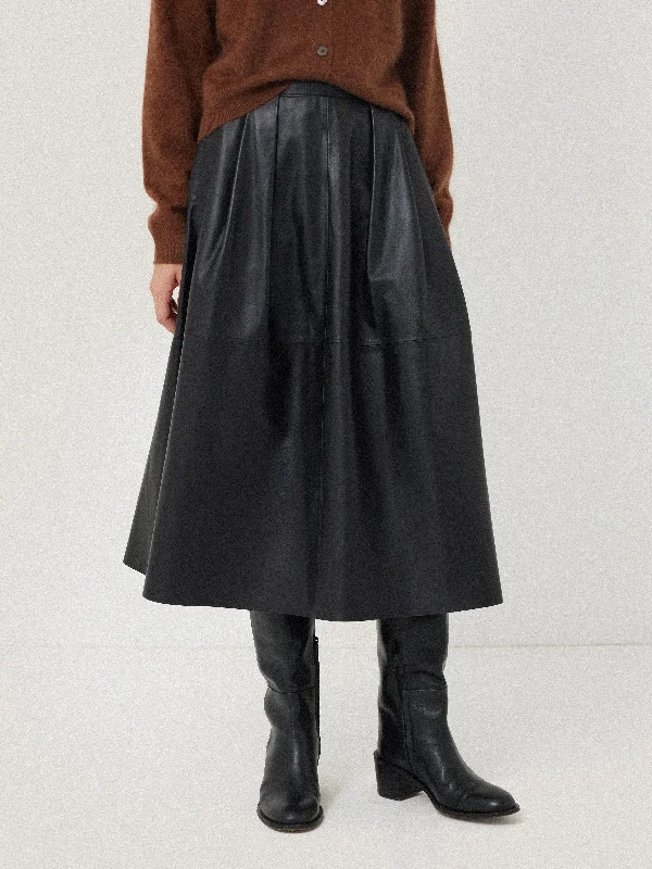 Women's Pleated Skirt Midi Dress-Leather Pleat Midi Skirt | Black