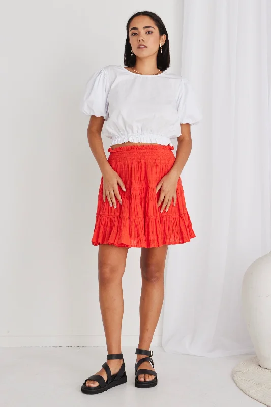 Women's Puff Sleeve A-line Mini Dress-Lexi Sunset Shirred Cotton Multi Tiered Mini Skirt Women's Puff Sleeve A-line Mini Dress-Lexi Sunset Shirred Cotton Multi Tiered Mini Skirt