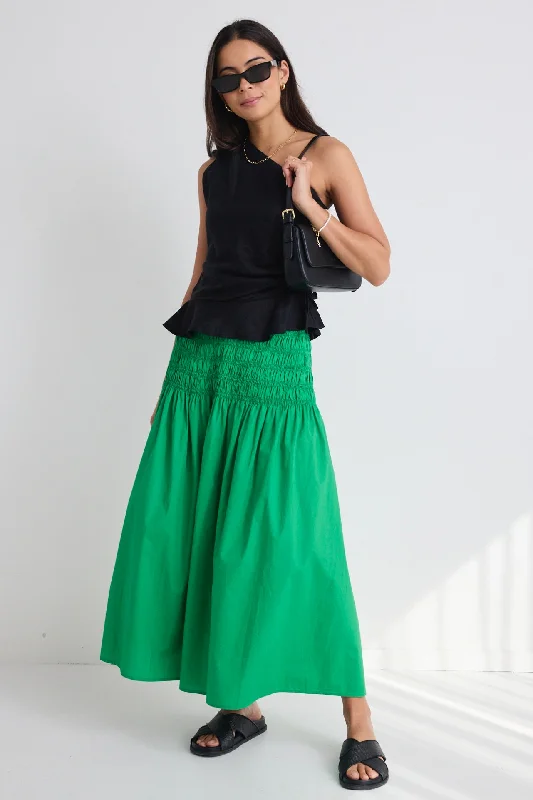 Women's Full-length Strapless Maxi Dress-Lost Meadow Green Shirred Waist Maxi Skirt