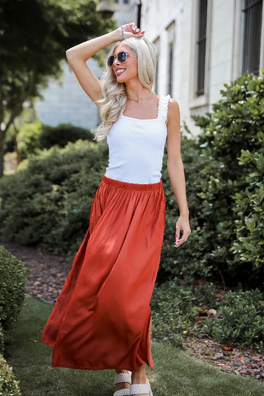 Women's Casual Midi Dress-Lovely Intent Rust Satin Midi Skirt
