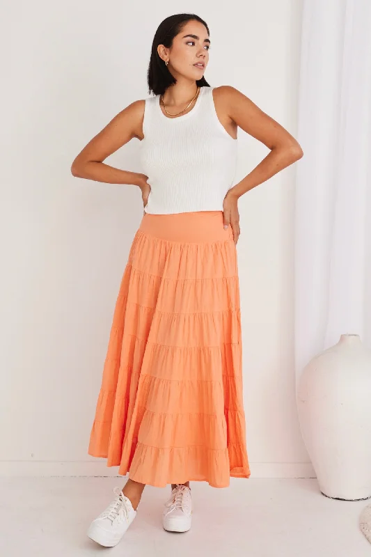 Women's Color-blocked Maxi Dress-Lyrical Melon Cotton Voile Multi Tiered Maxi Skirt
