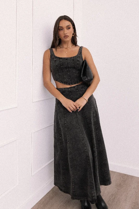 Women's Casual Pleated Midi Dress-Mara Midi Skirt - Black
