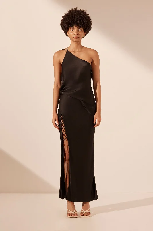 Women's Knit A-line Maxi Dress-MIA LACE UP MAXI SKIRT - BLACK