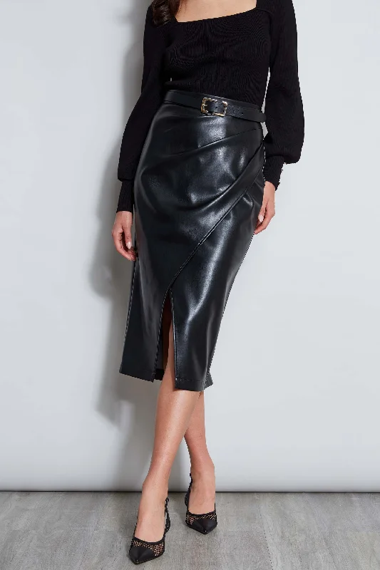 Women's Pleated Tulle Midi Dress-Midi Vegan Leather Wrap Skirt