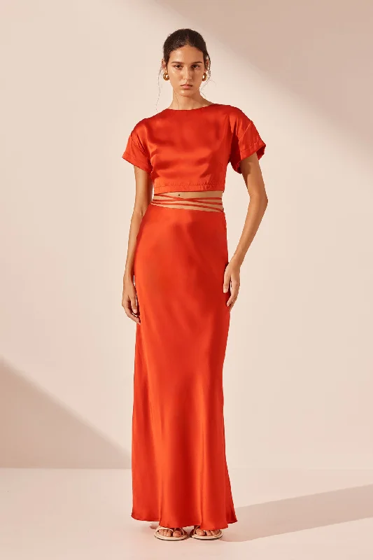 Women's Sweetheart Neck Maxi Dress-MILENNA SILK BIAS TIE MAXI SKIRT - CHILLI RED