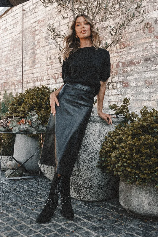Women's Sash Waist Midi Dress-Miller Faux Leather Midi Skirt - Black