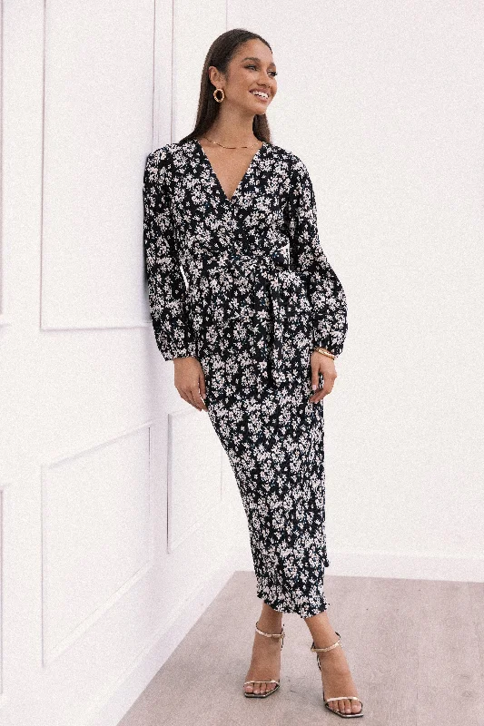 Women's Long Sleeve Pleated Midi Dress-Minelli Pleat Midi Skirt - Black/White Floral