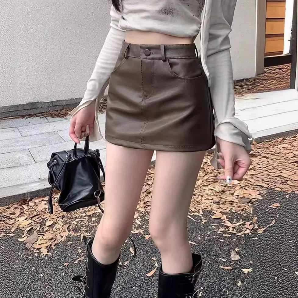 Women's Sweater Mini Dress-Mini High-waisted Brown A-line Leather Skirt