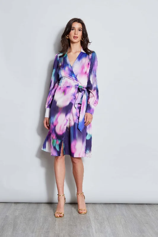 Satin Wrap Dress for Evening Gala -Wrap Dress with Elastic Waist -Moire Floral Wrap Dress Satin Wrap Dress for Evening Gala -Wrap Dress with Elastic Waist -Moire Floral Wrap Dress