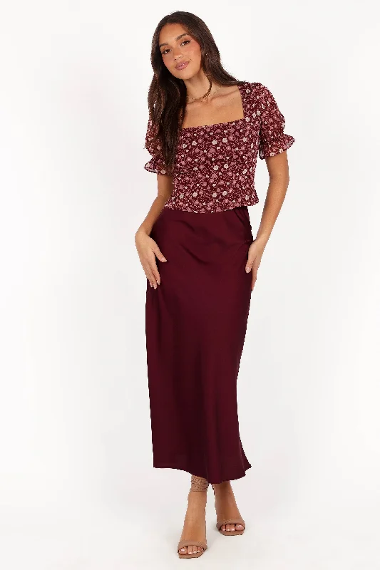 Women's Strapless Bodycon Midi Dress-Nellie Satin Midi Skirt - Burgundy