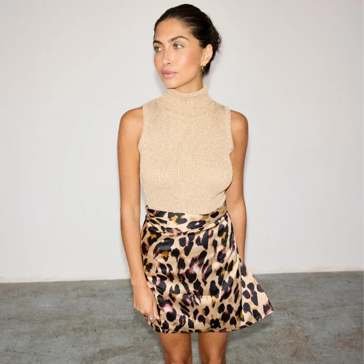Women's Satin Open-back Mini Dress-Leopard Mini Jaspre Skirt