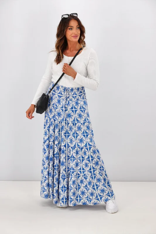 Women's Backless Maxi Dress-New U Collection Blue White Sun Print Maxi Skirt